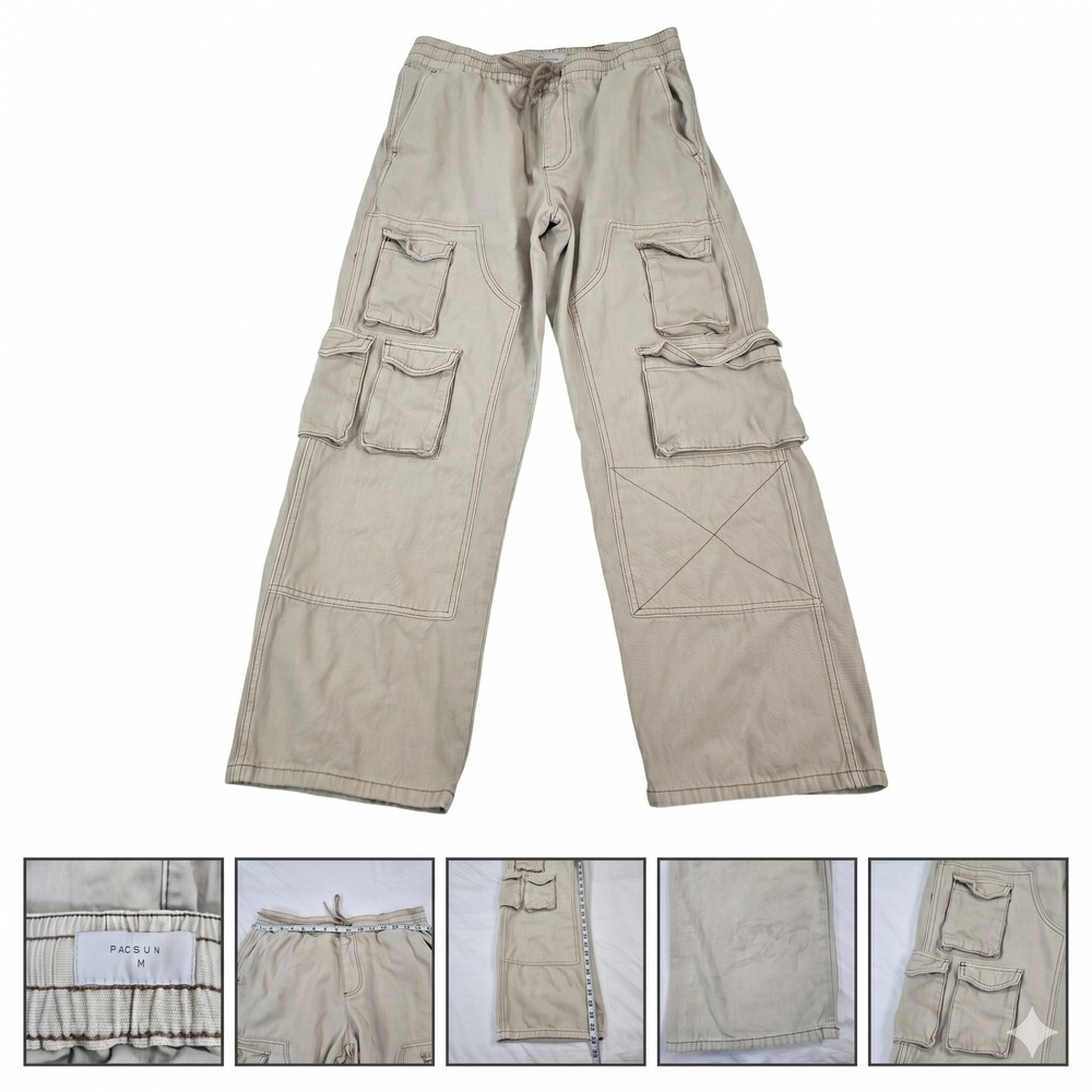 PacSun Mens Medium Baggy Cargo Pants Tan Beige Wide Leg Drawstring Skater Grunge